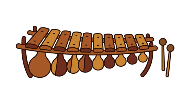 African balafon wooden xylophone with gourd resonators and mallets vector illustration