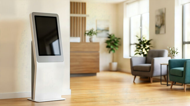 Modern interactive digital signage kiosk in a bright hotel lobby with technology