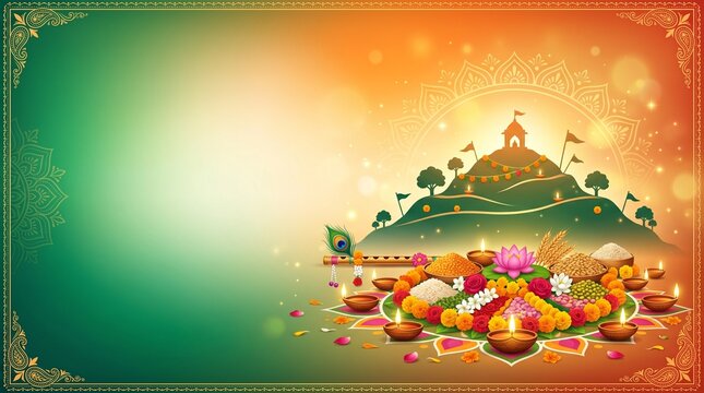 Elegant Govardhan Puja gradient background using symbolic hill, grains, flowers, diyas and Krishna elements.