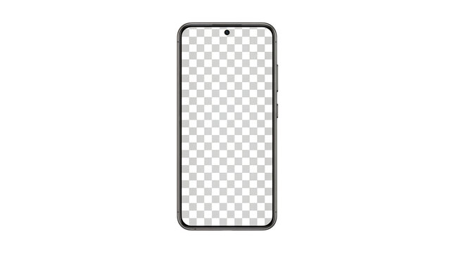 Smartphone mockup with solid white screen template on transparent grid background.
