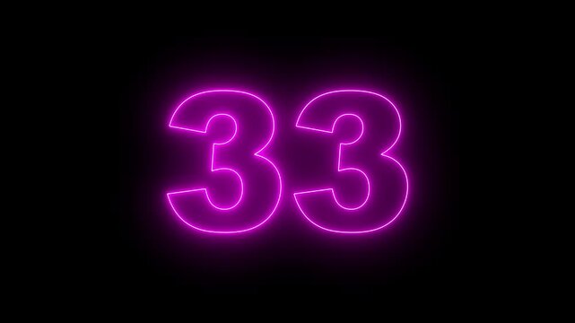 Neon text 33 number countdown icon, neon number 33 with alpha channel, neon numbers, Bright neon glowing number 33 on background 4k animation