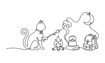 Fototapeta premium Continuous single line of a cat sitting by a campfire roasting a marshmallow with a backpack and kettle nearby on a white background, minimalist style