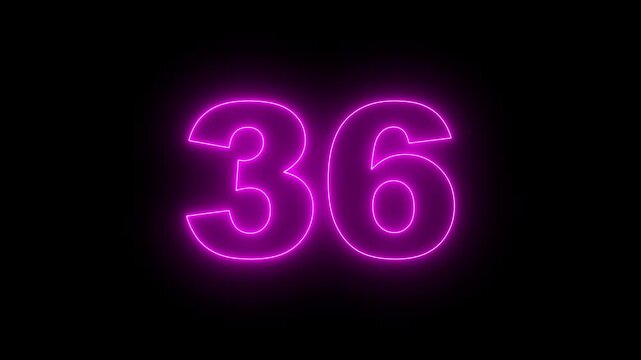 Neon text 36 number countdown icon, neon number 36 with alpha channel, neon numbers, Bright neon glowing number 36 on background 4k animation
