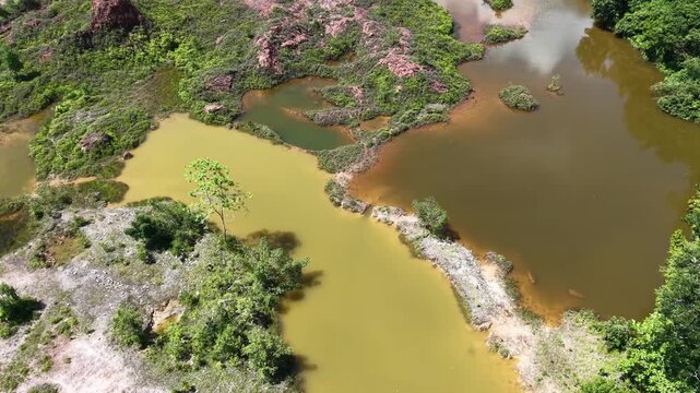 Brown water flows through lush green terrain. Riverbanks show erosion and sediment runoff
