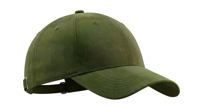 Classic green baseball cap mockup isolated on transparent grid background.