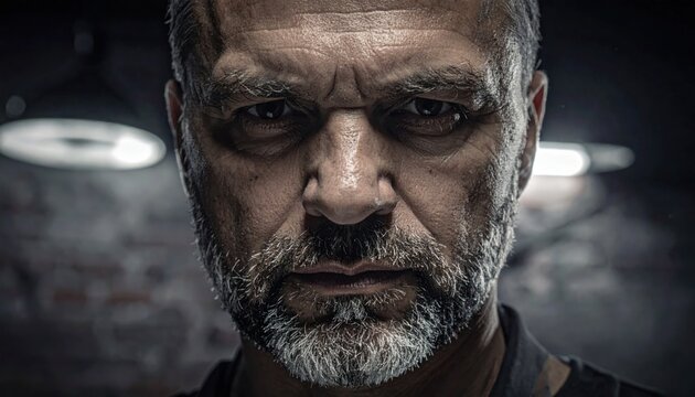 Close up portrait of a serious middle aged man with a beard.