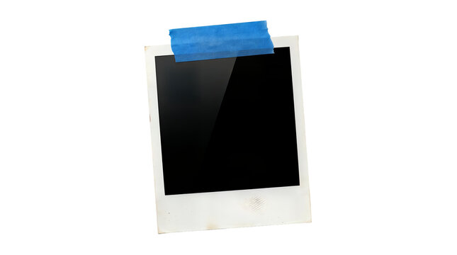 Empty retro instant photo frame with blue paper tape isolated on alpha background.