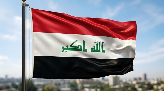 National flag of iraq waving in the blue sky