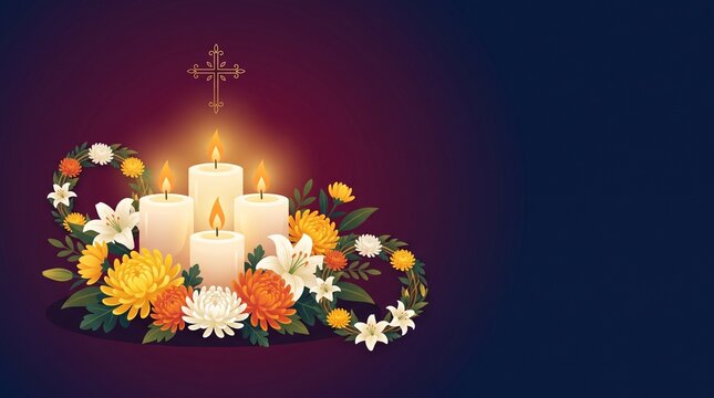 Minimalist Kalag-Kalag memorial design with candles, chrysanthemums, lilies, wreaths, and subtle religious symbolism.