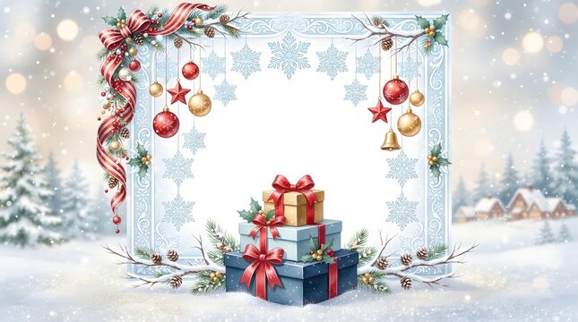 Festive christmas frame with gifts and ornaments winter holiday decoration with snowy background