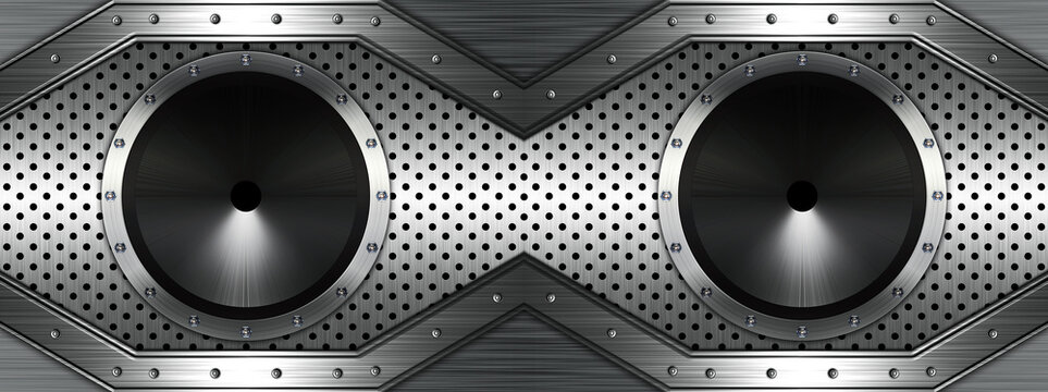 未来的なオーディオスピーカーと金属パネルの工業テクノロジー抽象デザイン