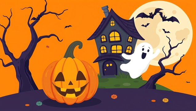 A whimsical Halloween scene featuring a haunted house, playful ghost, carved pumpkin, and spooky trees under a full moon, capturing the essence of festive fall celebrations.
