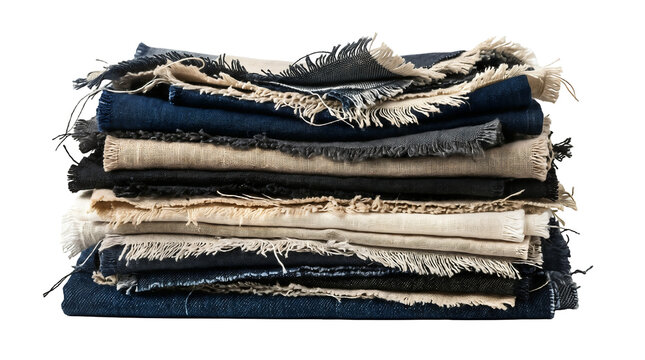 Stack of folded denim fabrics with frayed edges for fashion design and textile material exploration.