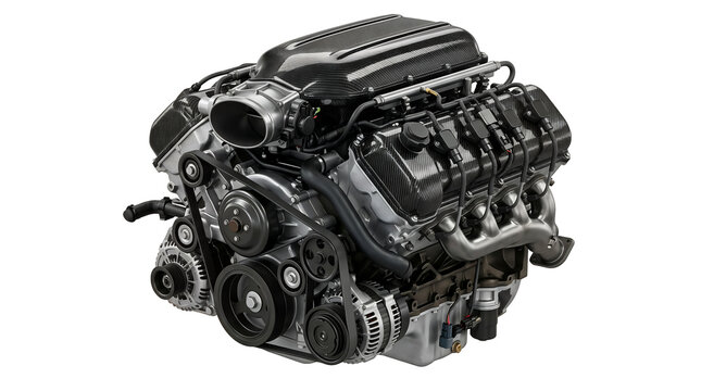 High performance car engine with carbon fiber details and complex mechanical parts for automotive engineering and repair content.
