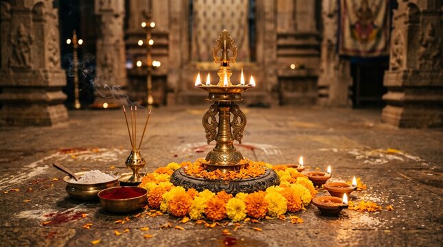 Detailed Theemithi ritual still life featuring traditional South Indian worship objects and glowing lamps.