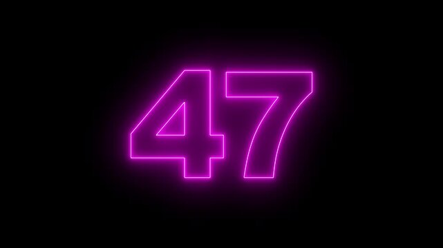 Neon text 47 number countdown icon, neon number 47 with alpha channel, neon numbers, Bright neon glowing number 47 on background 4k animation