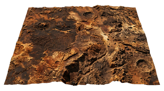 3D render of Mars surface landscape with craters and valleys.