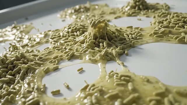 Microscopic bacteria colony growing in sticky yellow biofilm matrix