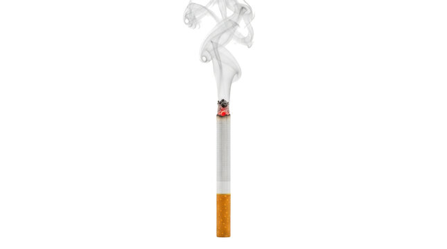 Lit cigarette with smoke rising, isolated on transparent background