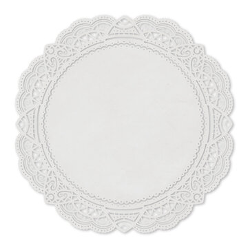 Vintage Ornate Round Lace Paper Doily. White circular doily features delicate lace patterns. Cutouts form symmetrical designs around the edges. Ideal for wedding or party decorations, craft, scrapbook