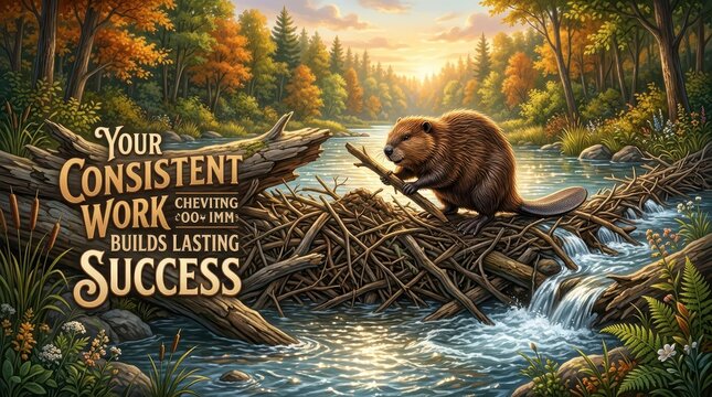 Beaver building dam on river in autumn forest at sunset, concept of hard work and success