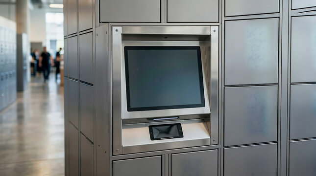 Close up of digital kiosk screen and keypad on automated parcel locker system