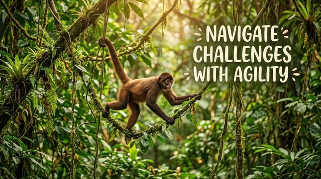 Agile spider monkey swinging through lush green jungle vines, symbolizing navigating challenges