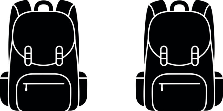 Two identical black school backpacks with white outlines shown as flat vector icons on a plain white background