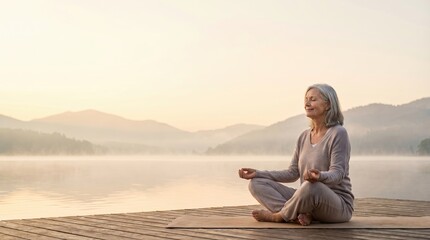 Fototapeta premium Age Diverse Emotional Faces, Emotional Expression Across Ages, Serene Woman Meditating by a Calm Lake at Sunrise