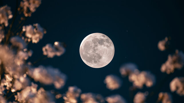 A minimalist night landscape showing a radiant full moon centered against a clear midnight-blue sky, 