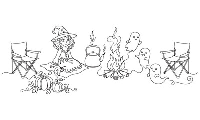 Obraz premium Continuous line of a witch sitting by a campfire with ghosts, folding chairs, and pumpkins in a forest setting, isolated on a white background, minimalist halloween