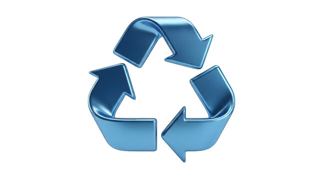 3d render of a glossy blue metallic recycling symbol isolated on transparent background
