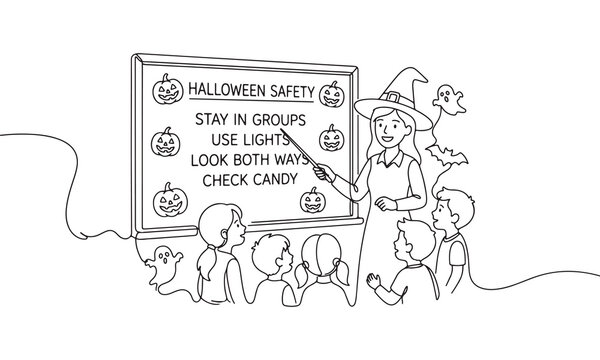 Continuous line of a teacher in a witch hat pointing at a whiteboard with halloween safety rules for children, decorated with pumpkins and ghosts, isolated on white