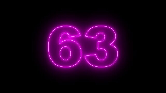 Neon text 63 number countdown icon, neon number 63 with alpha channel, neon numbers, Bright neon glowing number 63 on background 4k animation