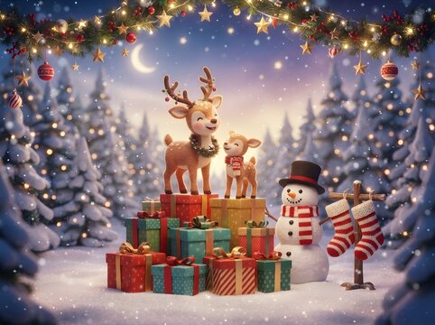 Festive christmas scene with reindeer snowman and gifts in a snowy forest landscape