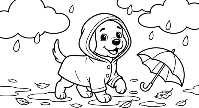 Cute Puppy Walking In Rain With Umbrella Coloring Page Illustration