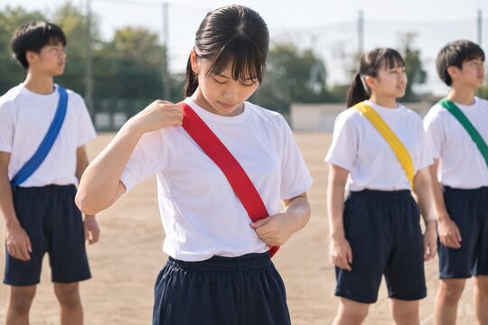 Japanese school relay runner preparing a tasuki
