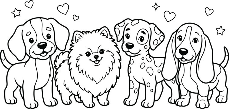 Cute Puppies Of Different Breeds Standing Together Coloring Page Illustration