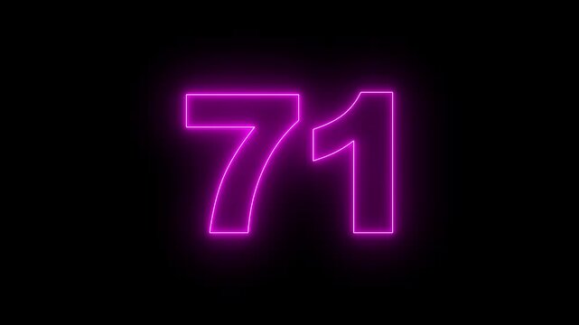 Neon text 71 number countdown icon, neon number 71 with alpha channel, neon numbers, Bright neon glowing number 71 on background 4k animation