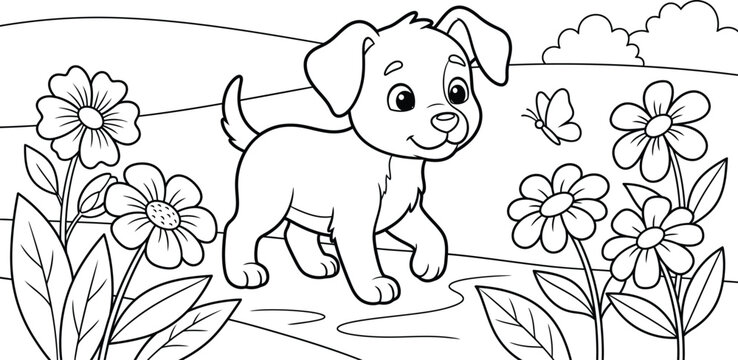 Cute Puppy Walking In Flower Garden With Butterfly Coloring Page Illustration