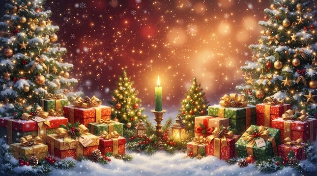 Festive christmas scene with decorated trees glowing candle and wrapped gifts in a snowy setting