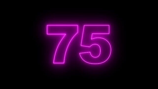 Neon text 75 number countdown icon, neon number 75 with alpha channel, neon numbers, Bright neon glowing number 75 on background 4k animation