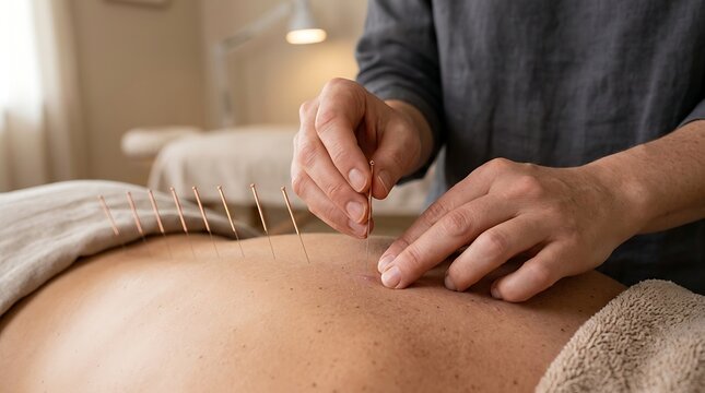 Professional acupuncturist performing back treatment in wellness clinic