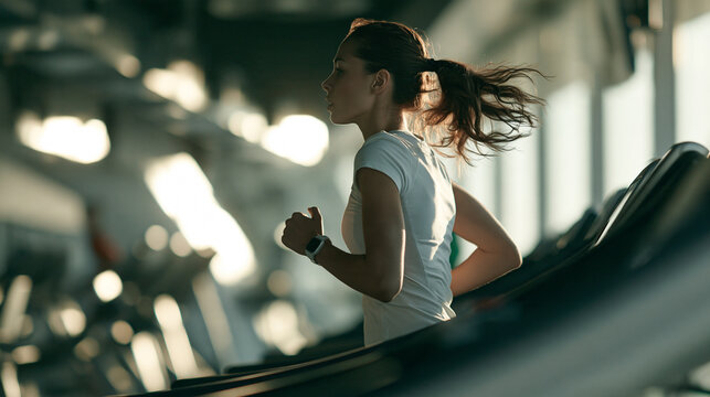 Fit woman running on treadmill in gym with hair flying, concept of cardio workout, fitness motivation, healthy lifestyle and intense exercise training in modern fitness center