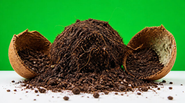 Organic Coconut Coir and Peat Moss Potting Soil for Sustainable Gardening with Broken Husk on Green Background