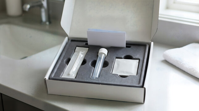 Medical test kit in an open box with swab and vial on a white counter