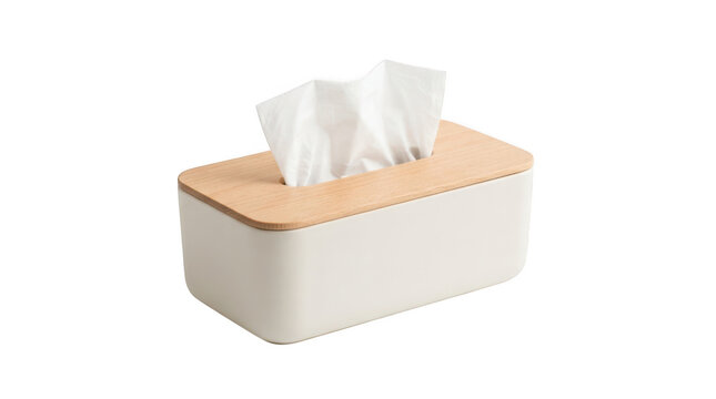 Modern rectangular tissue box holder with a light wood grain lid and a matte white base, containing white tissues, isolated on transparent background