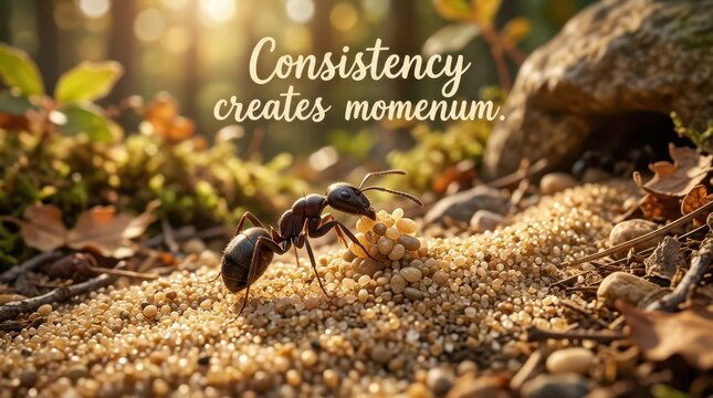 Ant carrying food, symbolizing consistency and momentum in nature, close-up macro shot