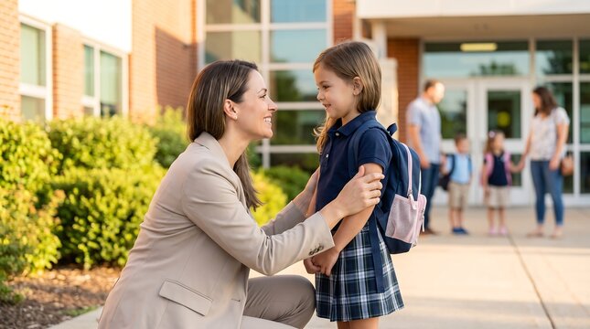 A mother lovingly adjusts her daughter's backpack as they stand outside a school building.