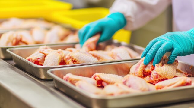 Packaged Chicken Wings Worker wearing gloves handling raw chicken wings in trays on a stainless steel table in a food processing environment.